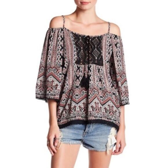 Angie Printed Tasseled Embroidered Off-the-shoulder Boho Blouse Black Large - Picture 1 of 12